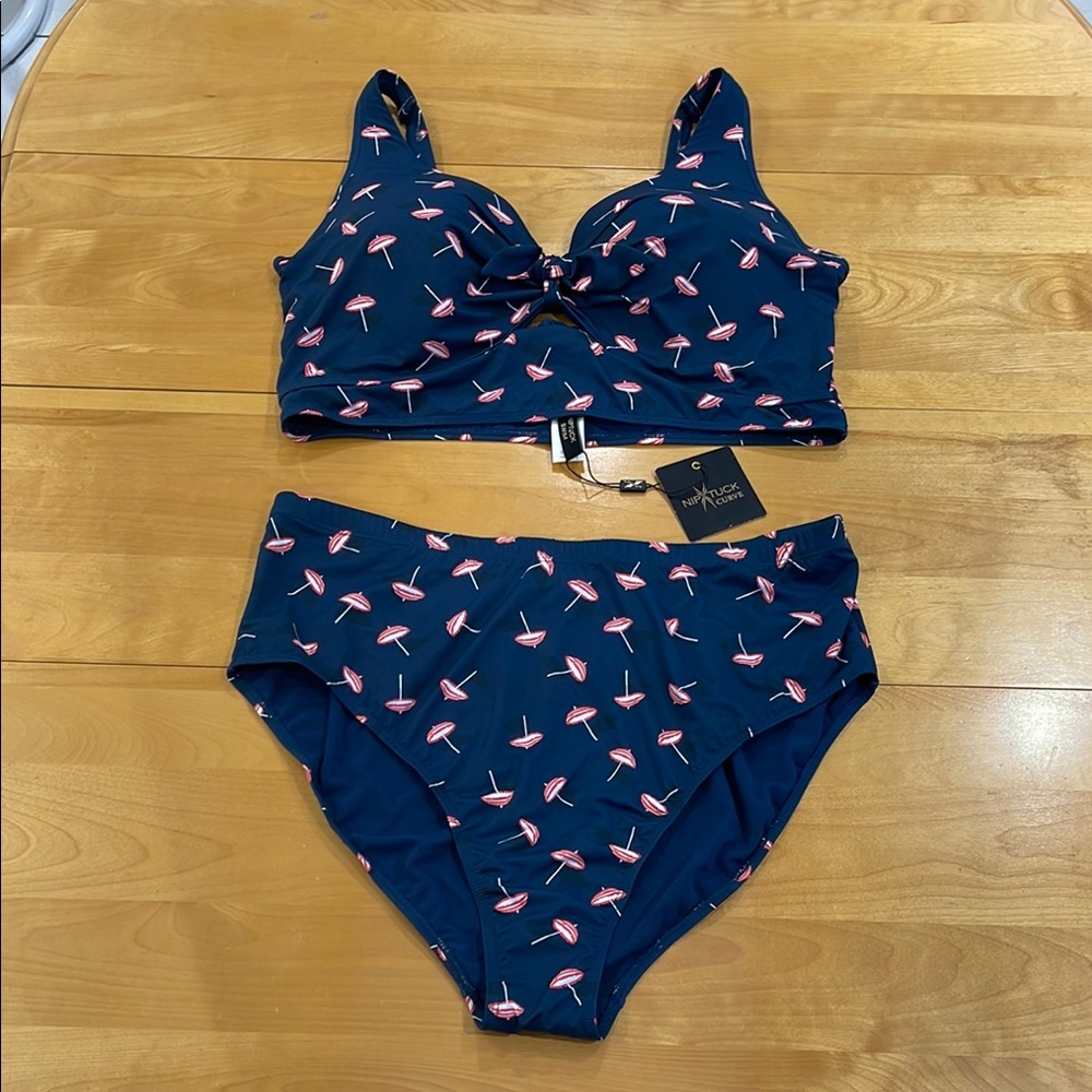 NIP TUCK CURVES Bikini Set. Navy with red umbrella pattern